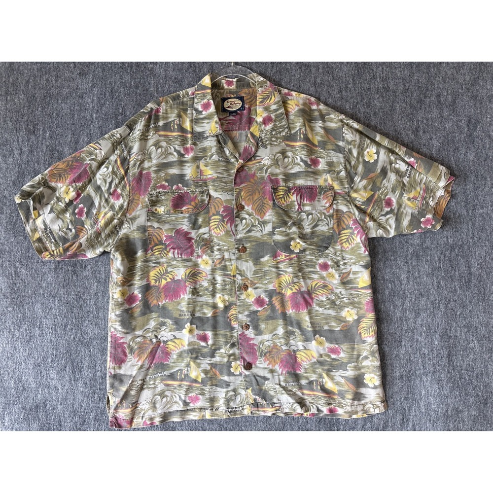 Tommy‎ Bahama Mens Large Tropical Sailboat Rayon Camp Shirt Olive Green Vintage
